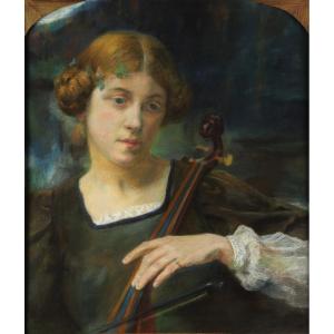 Young Woman Playing A String Instrument By Edgard Maxence