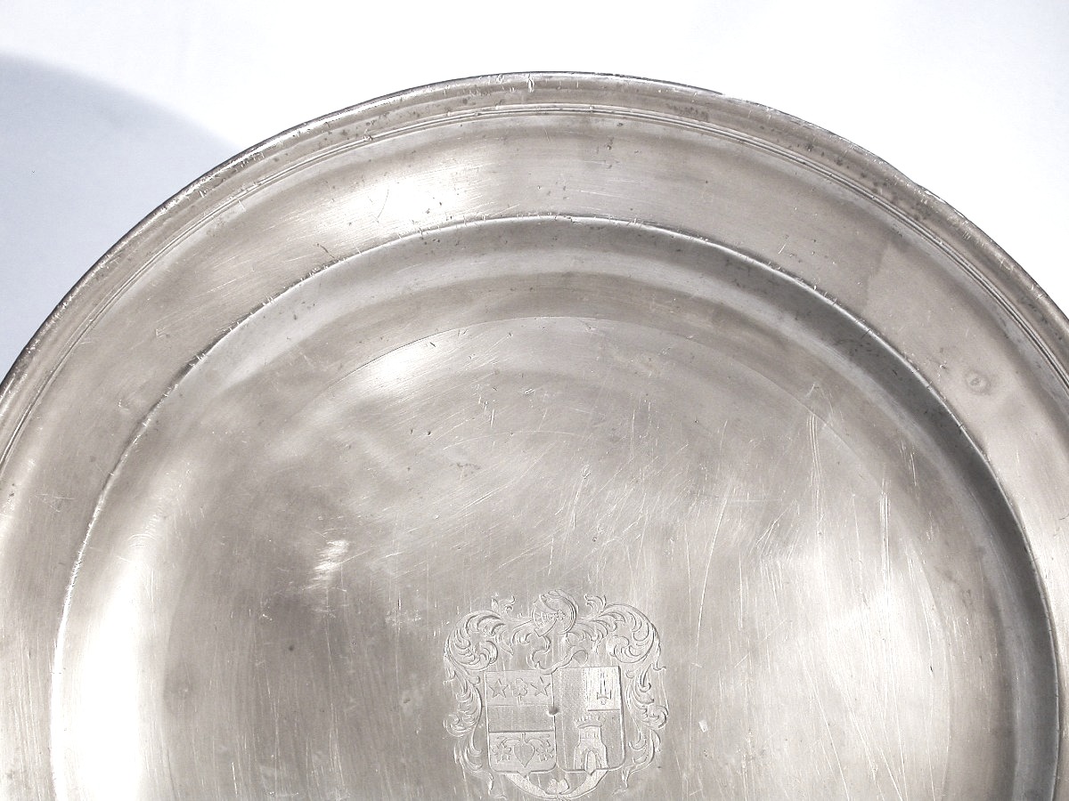Large Pewter Platter With Coat Of Arms - Besançon, 18th Century-photo-3