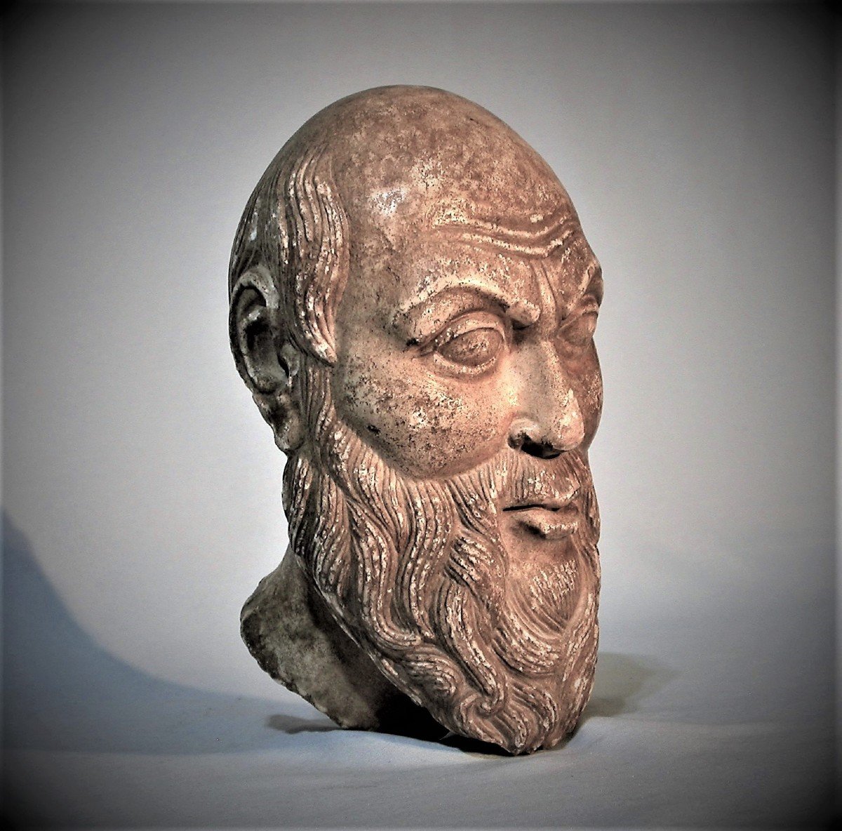 Sculpture - Head Of A Barbed Man In Marble, Italy (?), 14th / 15 Th Century