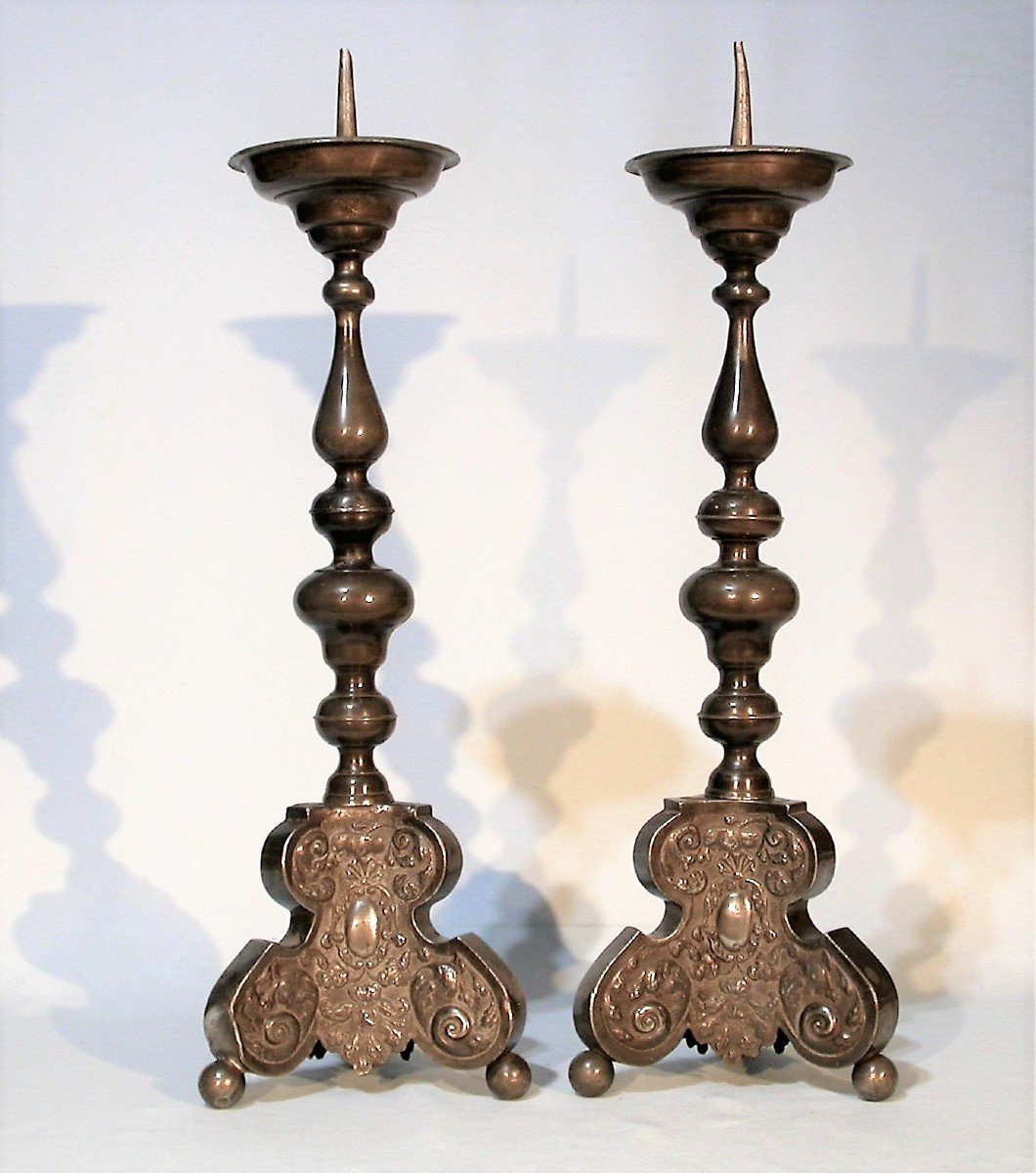 Pair Of Pewter Candlesticks - Augsburg, 18th Century