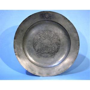 Grabnd Pewter Dish With Motto - London, Early 19th Century