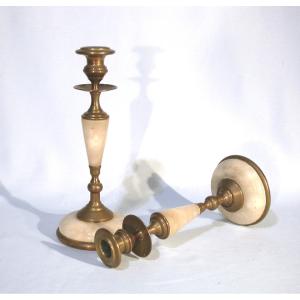 Pewter Candlesticks  In Alabaster And Brass.  