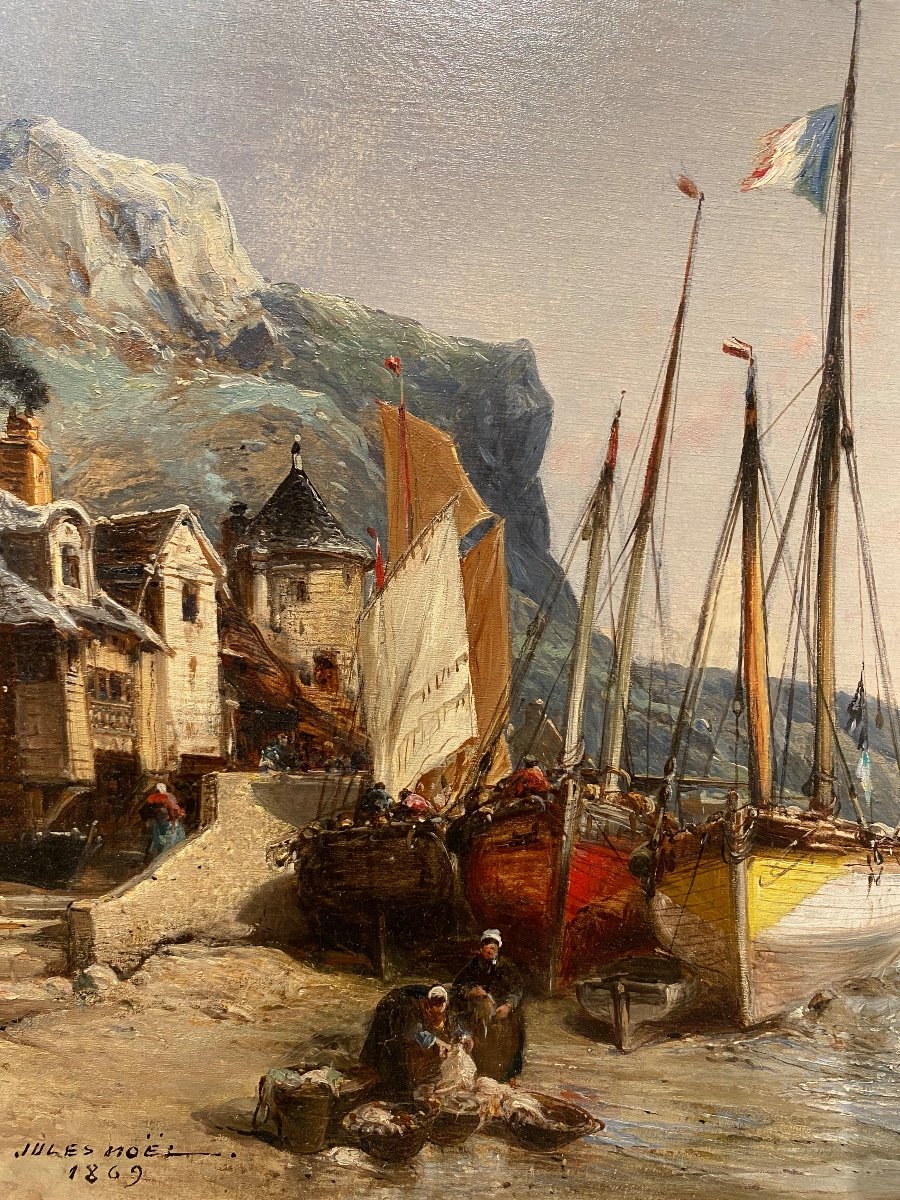 Tableau Huile Sur Toile Pêcheurs Sur La Côte Normande datée 1869 Signé Jules Noël (1810-1881)-photo-2