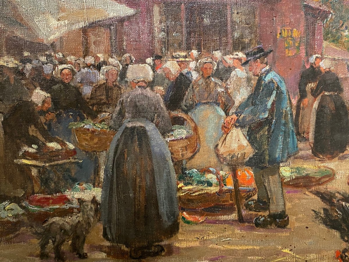 Estampe Pointe Sèche Signée F. Gaal - Scène De Marché En France, Fin XIXe, Sur Papier Velin
