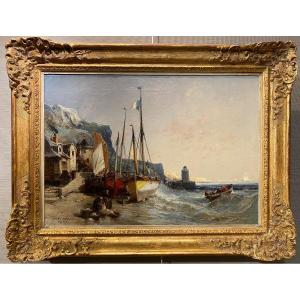 Oil Painting On Canvas Fishermen On The Normandy Coast Dated 1869 Signed Jules Noël (1810-1881)