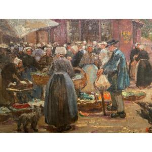 Scène De Marché En Bretagne, Signée Suzanne Minier ( Née à Paris En 1884 )