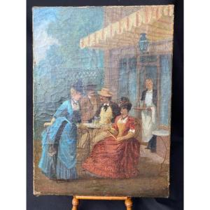 Oil On Canvas, Cafe Scene Reunion, Signed Chantrelle And Dated 1887