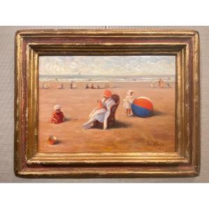 La Plage, Enfants Au Ballon, Huile Sur Panneau Signé  Anne De Saeger, Artiste Belge Née En 1947