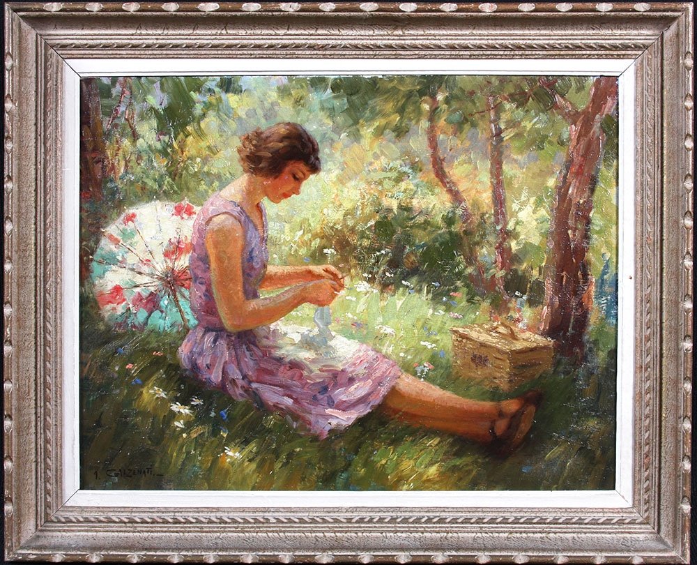 Tableau Impressionniste d'André Galzenati 1890 / 1970, Jeune femme en été