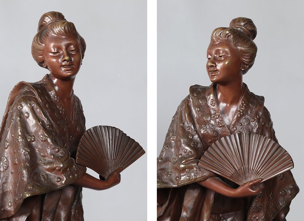 Geisha, Bronze 61 Cm, By Gaston Leroux 1854/1942, French School Late 19th Century Early 20th Century, Signed-photo-2