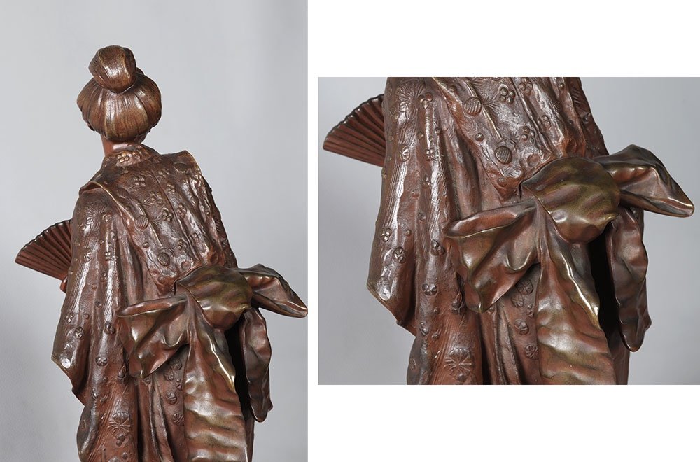 Geisha, Bronze 61 Cm, By Gaston Leroux 1854/1942, French School Late 19th Century Early 20th Century, Signed-photo-3