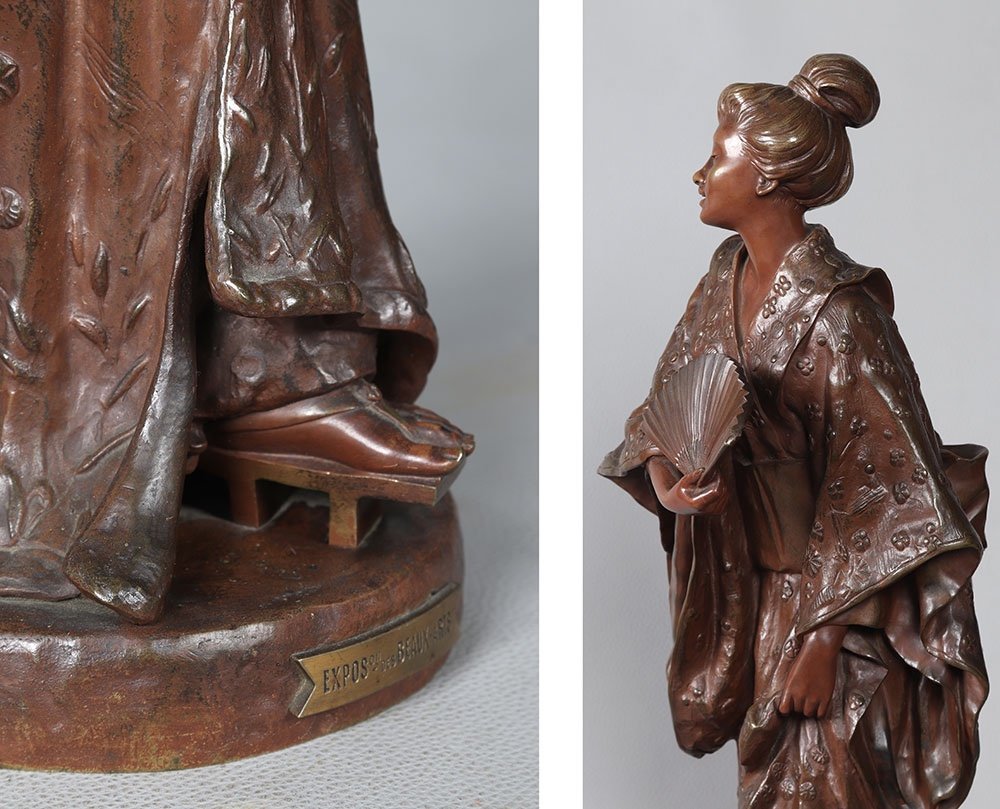 Geisha, Bronze 61 Cm, By Gaston Leroux 1854/1942, French School Late 19th Century Early 20th Century, Signed-photo-1