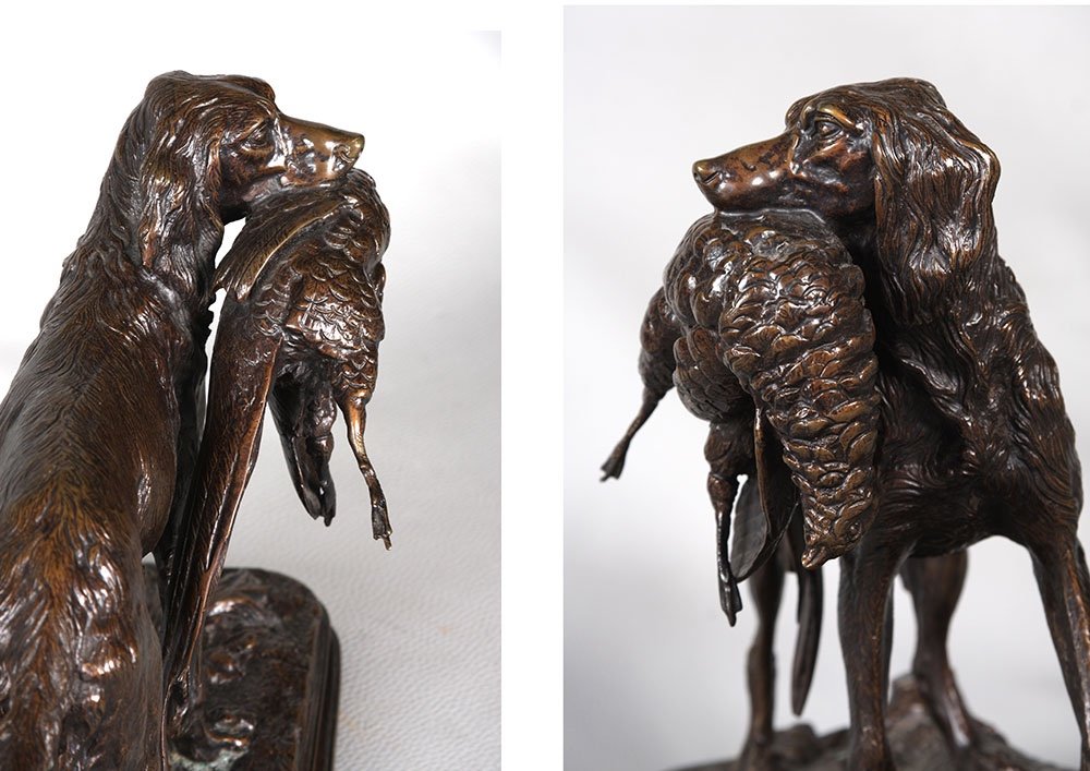 Bronze XIX ème, 36 cm, de Alfred Dubucand 1828/1903, chien au faisan-photo-2