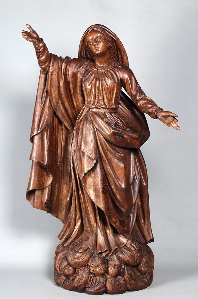 Epoque XVII°, 102 cm, grande vierge de L’Assomption, Sculpture en bois