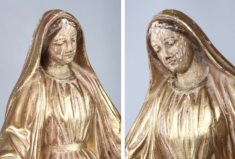 Vierge XVIII ème, 60 cm, Sculpture en bois doré à la feuille d’or-photo-2