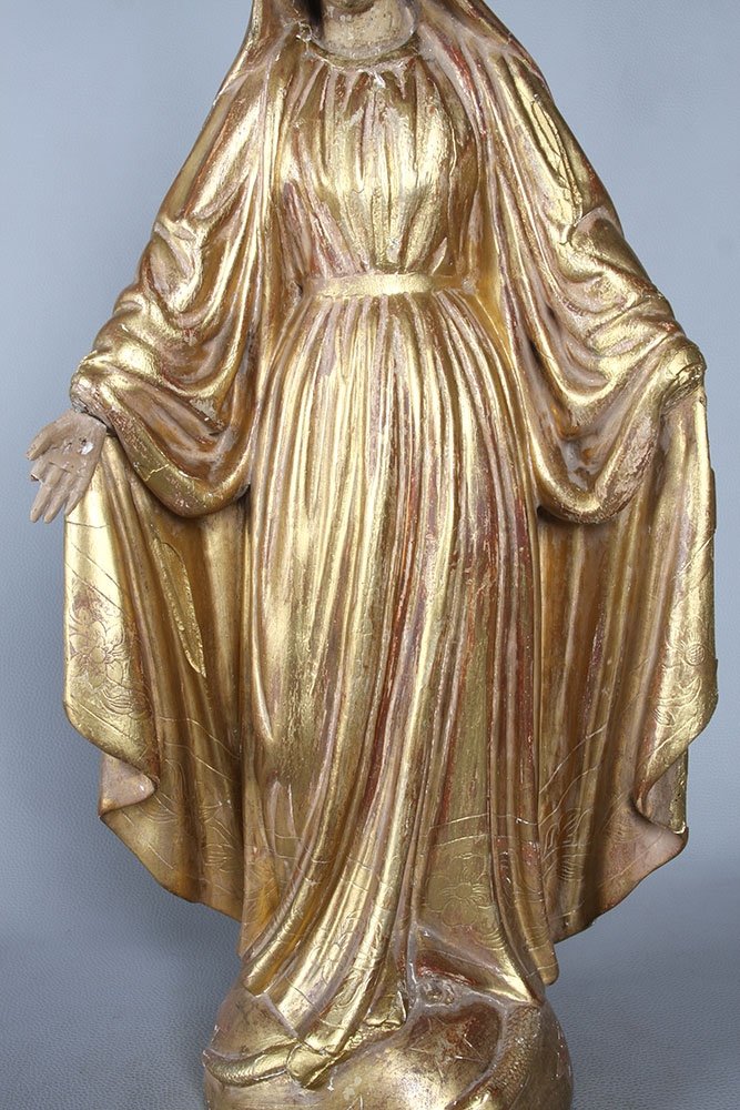 Vierge XVIII ème, 60 cm, Sculpture en bois doré à la feuille d’or-photo-3