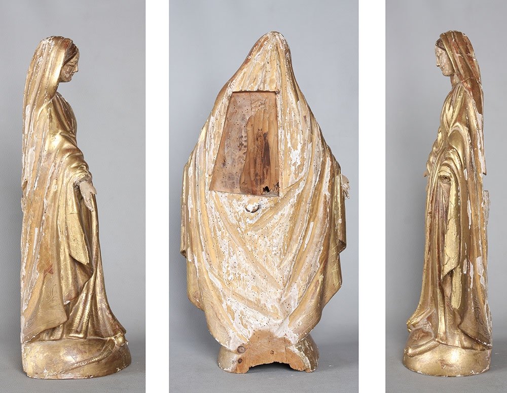 Vierge XVIII ème, 60 cm, Sculpture en bois doré à la feuille d’or-photo-4