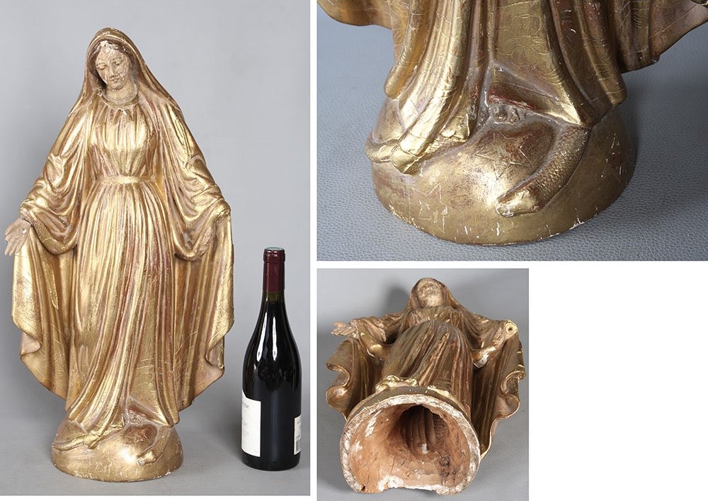 Vierge XVIII ème, 60 cm, Sculpture en bois doré à la feuille d’or-photo-1