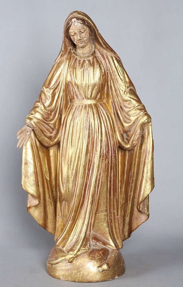 Vierge XVIII ème, 60 cm, Sculpture en bois doré à la feuille d’or