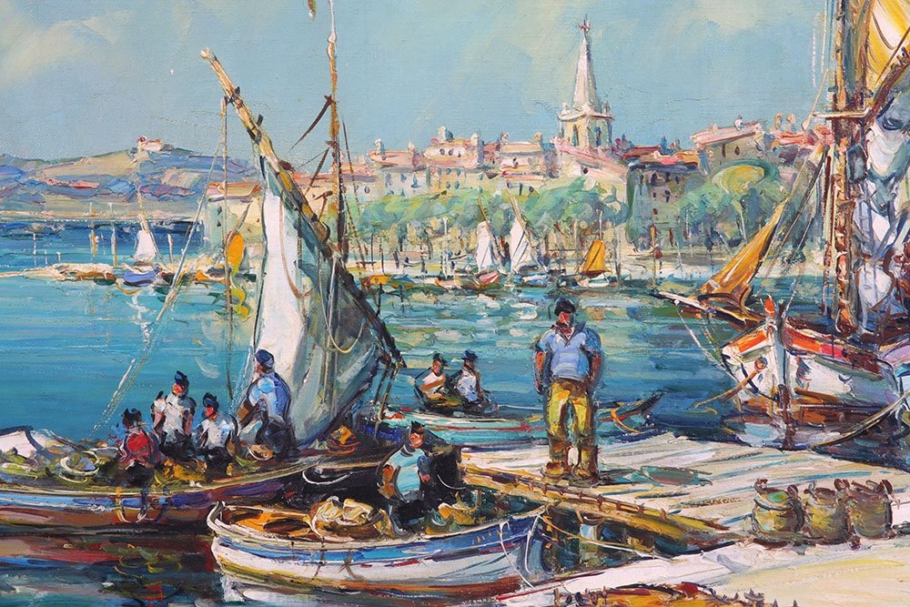 Martigues, Painting By Maurice Barle 1903 / 1961, Fishermen -photo-3