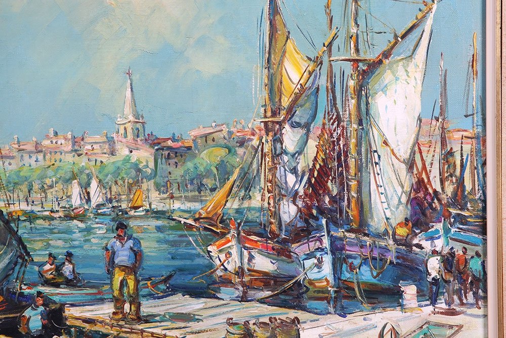 Martigues, Painting By Maurice Barle 1903 / 1961, Fishermen -photo-4