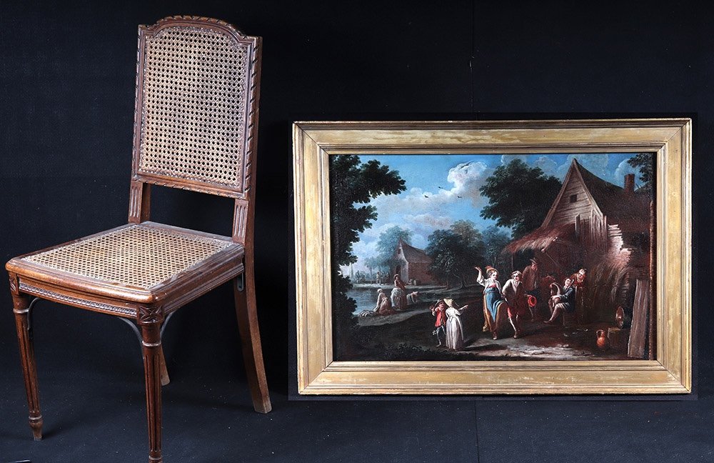 Paysage, 97 cm, scène campagnarde du XVIII ème, Ecole Française, animé de personnages -photo-2