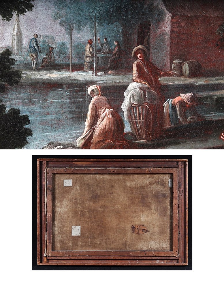 Paysage, 97 cm, scène campagnarde du XVIII ème, Ecole Française, animé de personnages -photo-1