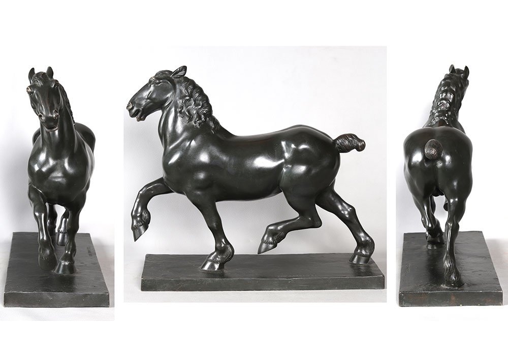 Bronze Horse Dated 1917, 53 Cm, Signed Karl Trumpf 1891/1959, Dressage-photo-4
