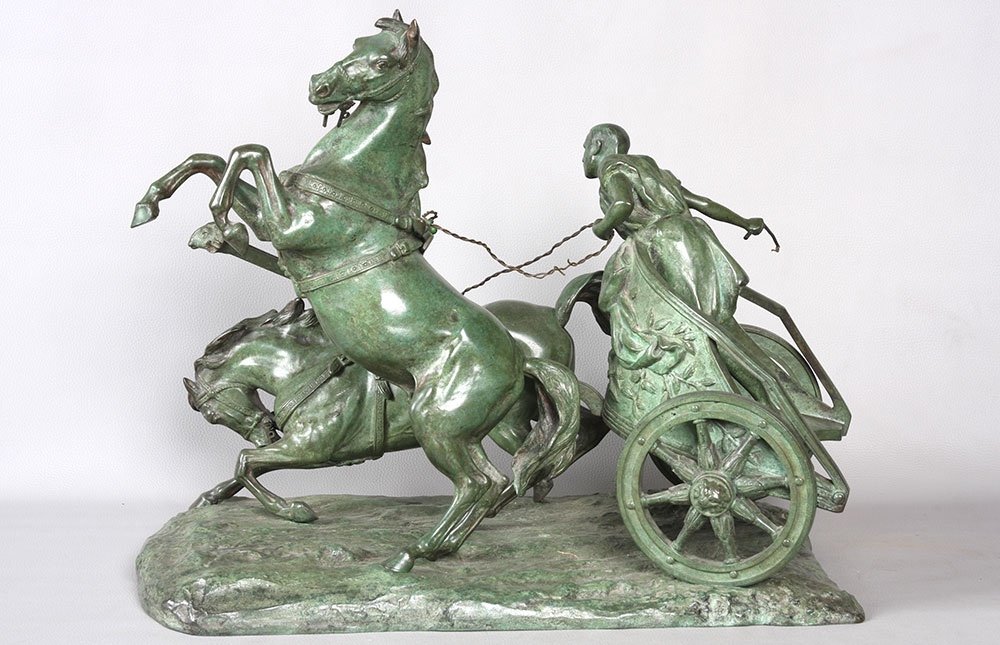 Bronze XIX ème, 58 cm, de Giuseppe Ferrari 1840/1905, La course de char Romain-photo-2