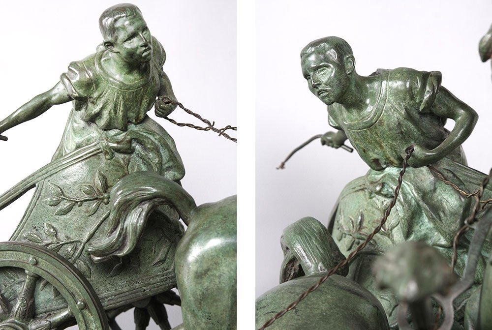 Bronze XIX ème, 58 cm, de Giuseppe Ferrari 1840/1905, La course de char Romain-photo-3