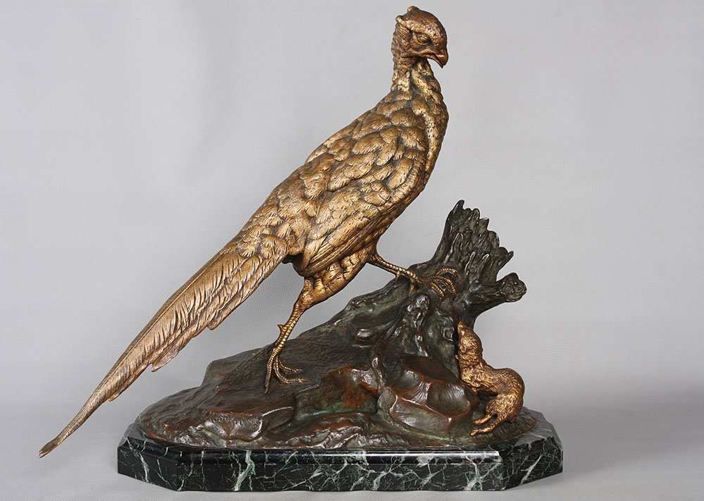 19th Century Bronze, 53 Cm, By Jules Moigniez 1835 / 1894, Pheasant And Shrew.