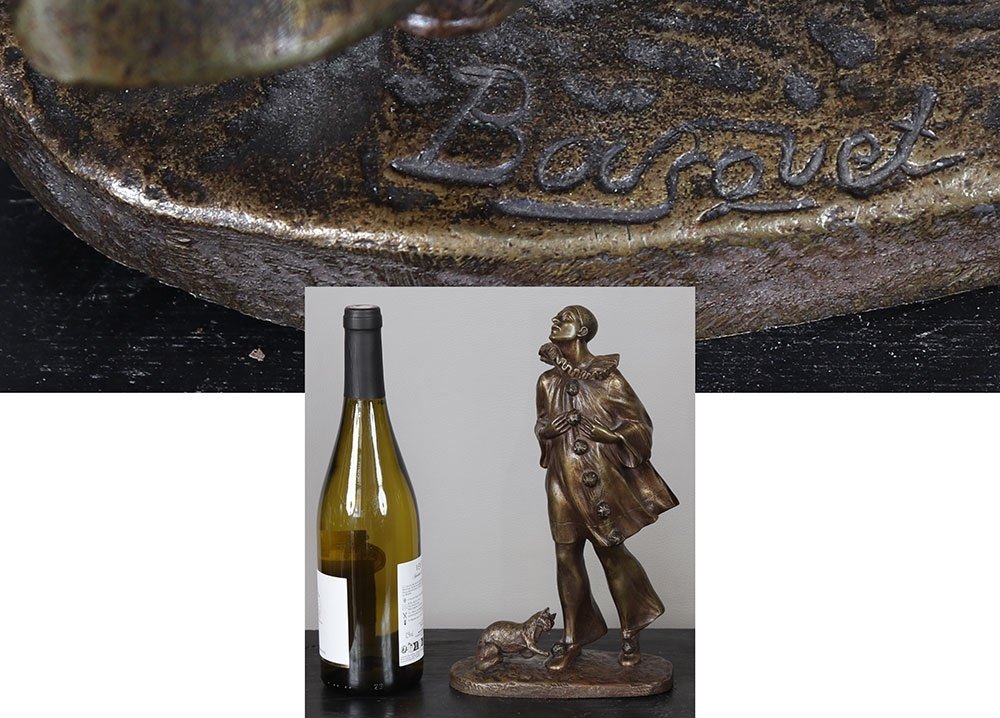 Bronze, Early 20th Century, 30 Cm, Signed: Robert Bousquet 1894/1917, Pierrot And His Cat-photo-4