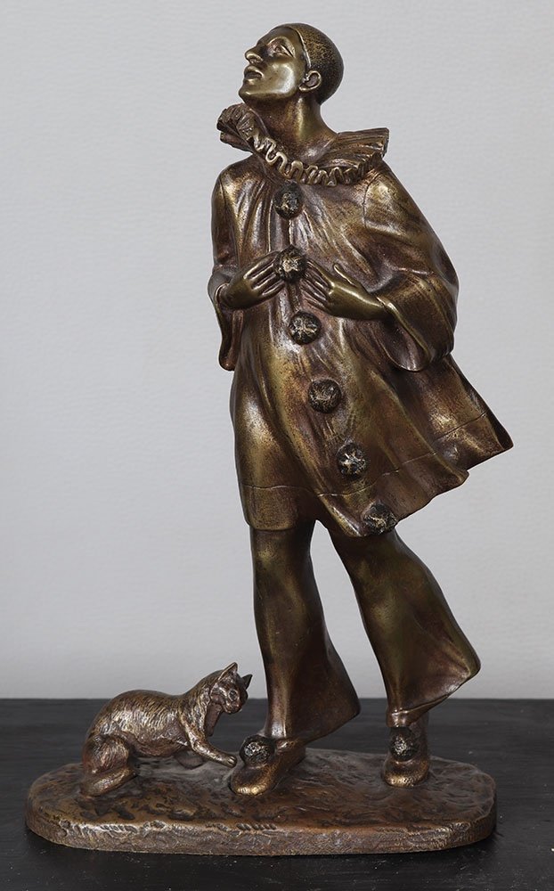 Bronze, Early 20th Century, 30 Cm, Signed: Robert Bousquet 1894/1917, Pierrot And His Cat