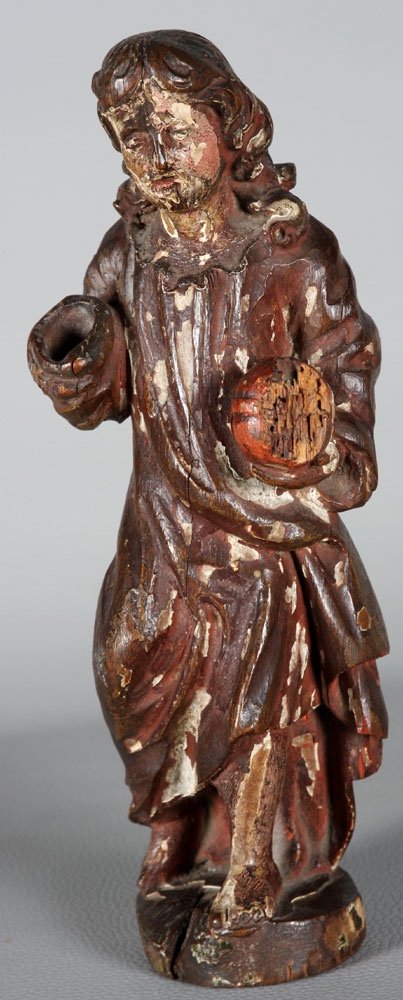 Sculpture, 29 Cm, From The 17th Century, In Polychrome Wood, Jesus Holding The Orb