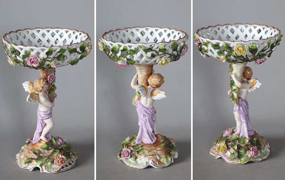 Coupe corbeille Porcelaine de Plaue-Thuringe, XIX ème, Hauteur : 24 cm-photo-3