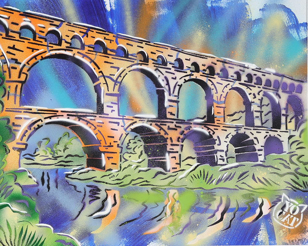 The Pont Du Gard, Acrylic Signed: Yocat, French School, Nîmes