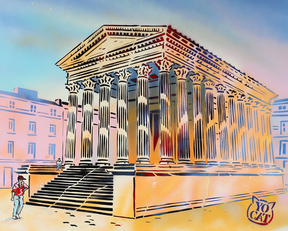 Nîmes, La Maison Carrée, acrylique signé : Yocat, Ecole Française