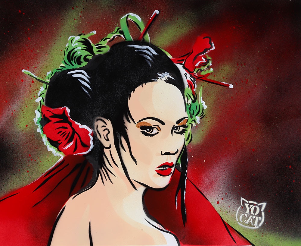 Geisha, acrylique signé : Yocat, Ecole Française