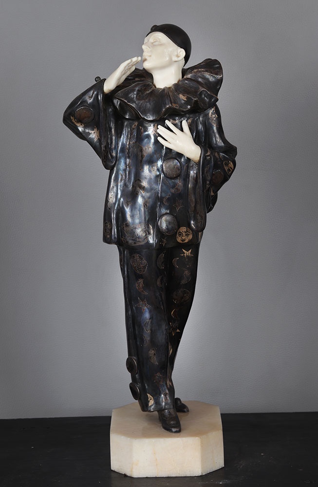 Claude MIRVAL 1889/1973, Chryséléphantine, 55 cm, Art Déco, Pierrot 