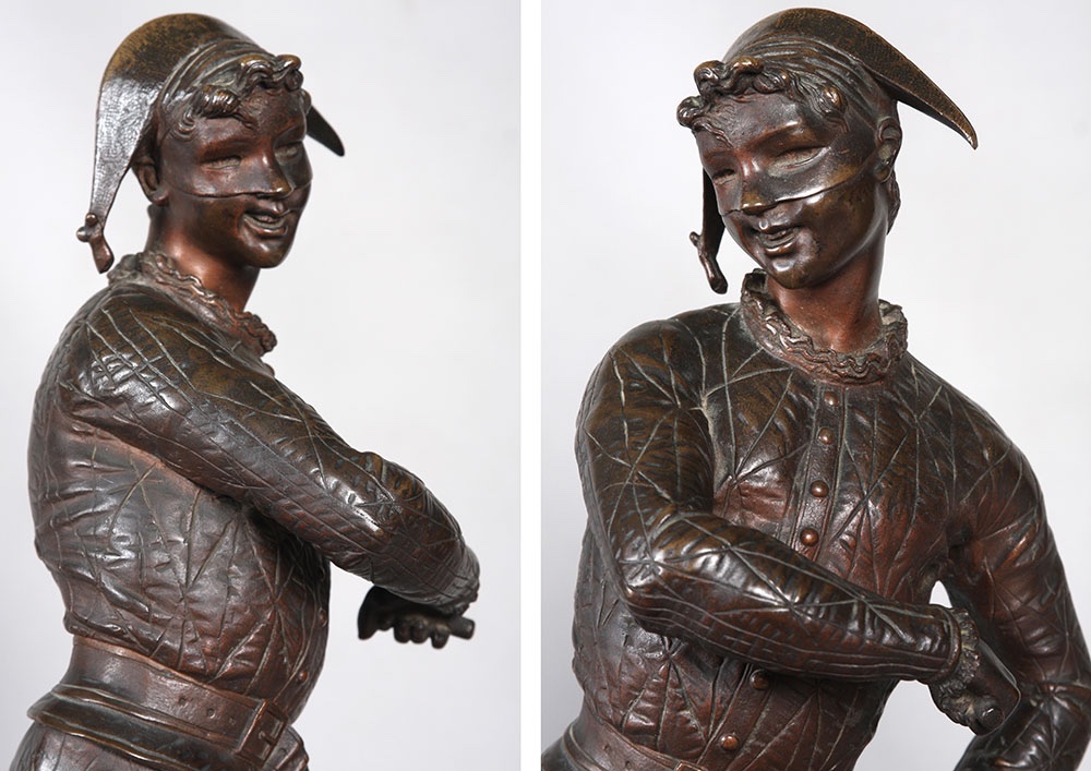 Bronze XIX ème, 54 cm, signé de Emile LAPORTE 1858/1907, Arlequin-photo-2