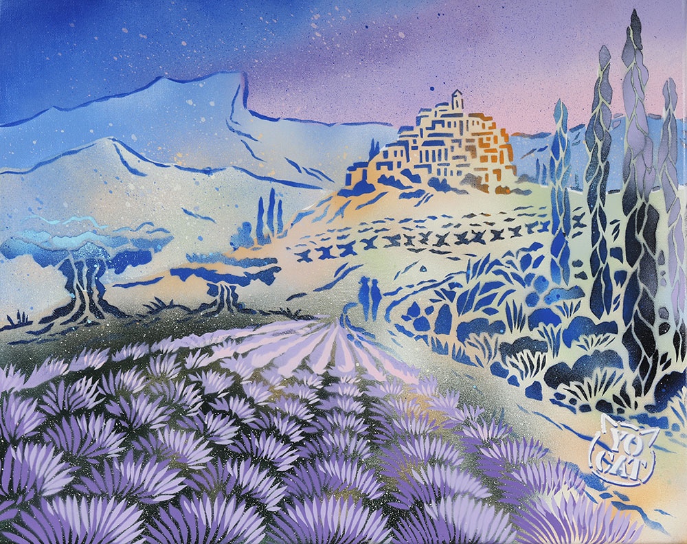 La Provence, acrylique signé : Yocat, les lavandes, Ecole Française