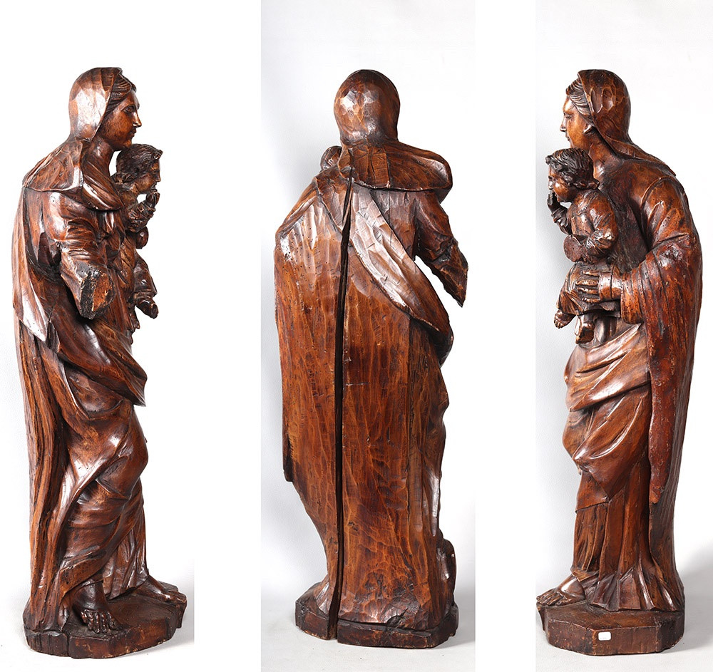 Epoque XVIII°, 90 cm, Vierge à l’enfant, Grande sculpture en bois massif-photo-3