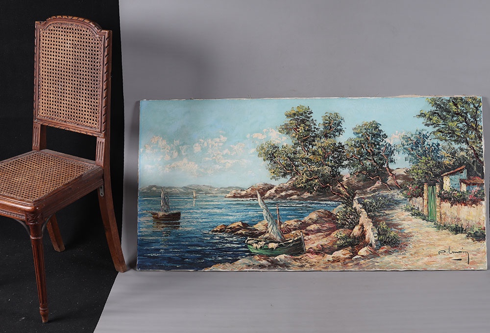La Côte d’Azur, 130 cm, signé : Pierre LEMOINE, vers 1950/60, l’Esterel, Sud France, marine.
