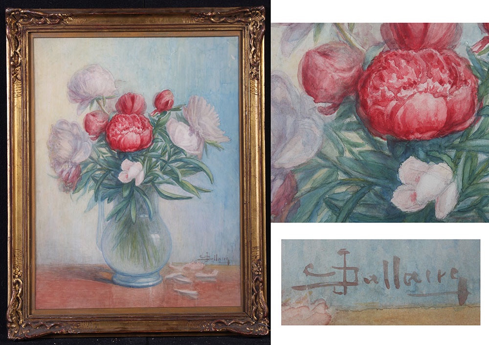 Paire d’aquarelles, 70x58 cm, bouquet de fleurs, signé : DALLAIRE, vers 1900-photo-3