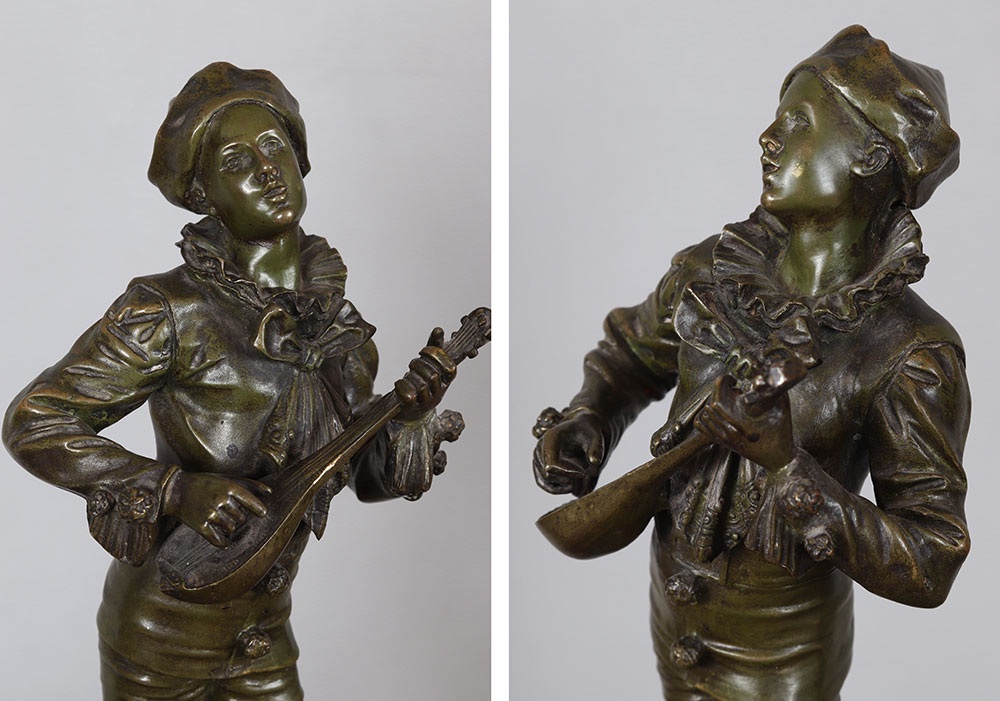 Bronze fin XIX°, 37 cm, signé : A.J. LAVERGNE 1863/1928, Pierrot-photo-2