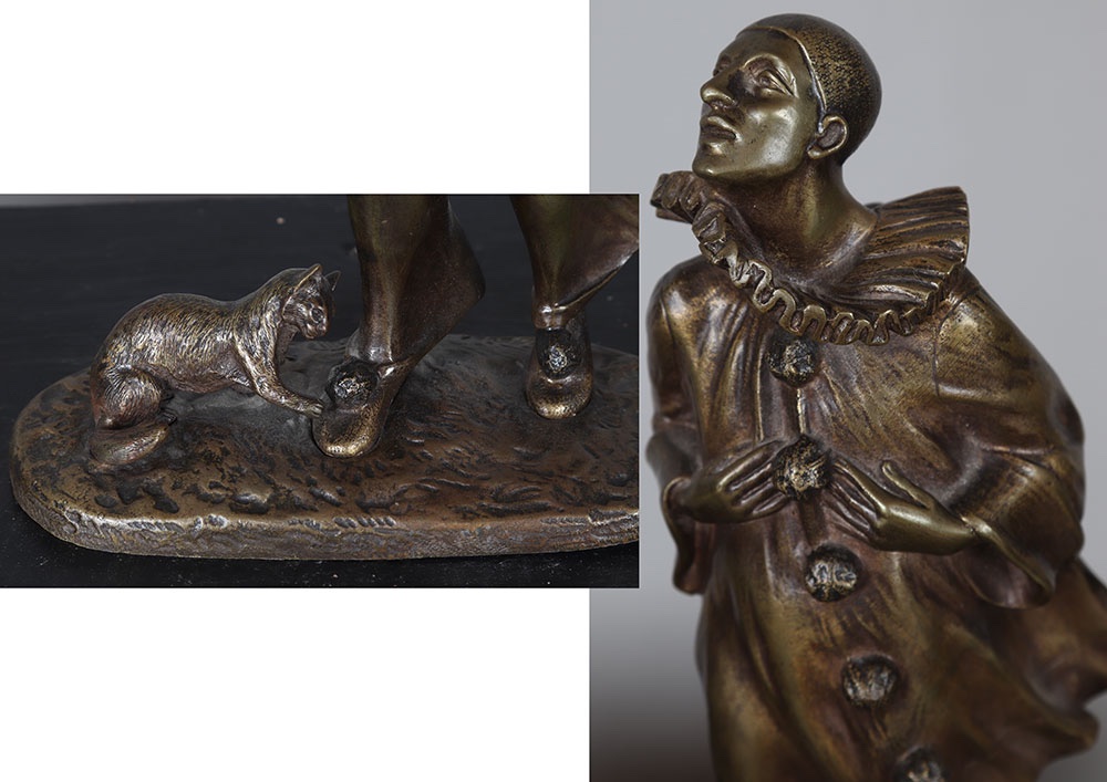 Bronze début XX°, 30 cm, Robert BOUSQUET 1894/1917, Pierrot et son chat-photo-2