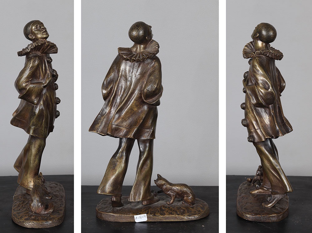 Bronze début XX°, 30 cm, Robert BOUSQUET 1894/1917, Pierrot et son chat-photo-3