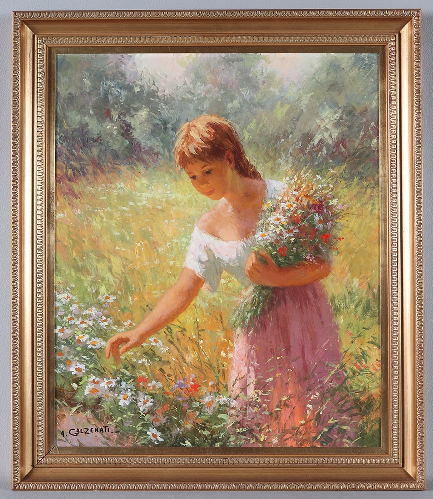 André Galzenati 1890 / 1970, Young Girl With A Country Bouquet