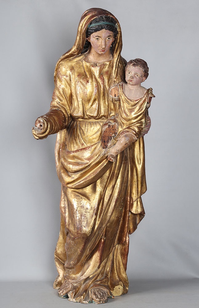 Large 17th Century Virgin And Child, 107 Cm, Gilded Wood Sculpture With Gold Leaf And Polychrome-photo-2