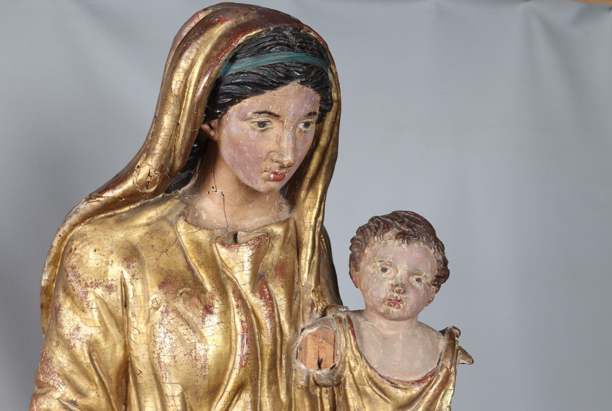 Large 17th Century Virgin And Child, 107 Cm, Gilded Wood Sculpture With Gold Leaf And Polychrome-photo-3